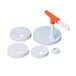 A white and orange plastic San Jamar Pelican Pump with a handle.