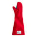 A red Tucker Safety oven mitt with blue trim on a white background.