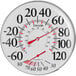A white round Taylor wall thermometer with black numbers.