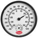 A round black thermometer with white numbers.