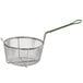 A Carlisle round chrome-plated nickel steel medium mesh fryer basket with a green handle.