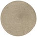 A close-up of a round taupe woven RITZ polypropylene placemat.