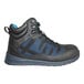 A black and blue safety boot with blue accents including a blue sole.