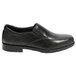 A black slip on shoe with a black sole.