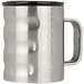 A silver Grizzly stainless steel camp cup with a black lid.