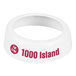 A white plastic salad dressing dispenser collar imprinted with maroon lettering that reads 'Fat Free 1000 Island.'