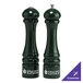 A Chef Specialties Autumn Hues forest green pepper mill and salt shaker on a counter.