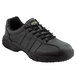 A black Reebok hi top athletic shoe with laces.