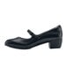 A black women's Shoes For Crews Vita dress shoe with a buckle.