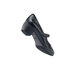 A black Shoes For Crews Vita women's water-resistant dress shoe with a heel and buckle on the back.