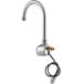 A chrome Equip by T&S wall mounted sensor faucet with a gooseneck spout.