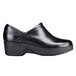 a black leather shoe with a high heel