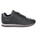A black Shoes For Crews women's athletic shoe with a white sole.