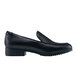 A black loafer shoe with a rubber sole and pointed toe.