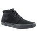 A black high top men's shoe with laces.