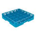 A blue plastic glass rack with 25 compartments for holding and washing glasses.