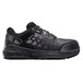 An ACE black and gray water-resistant safety shoe with a pattern on it.