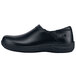 A black leather MOZO slip-on clog with a rubber sole.