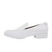 A white Shoes For Crews loafer with a black sole and white stitching.