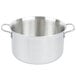 A close-up of a silver Vollrath stainless steel sauce pot with handles.