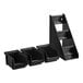 A black metal 3-tier shelf holding Vollrath black plastic condiment bins.