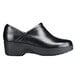 A black leather Women's Shoes For Crews non-slip shoe with a thick rubber sole.