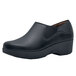 A black leather women's clog with a rubber sole.