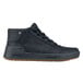 A black MOZO men's shoe with brown rubber soles and laces.