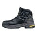 A black work boot with yellow accents and laces.