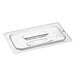 A clear plastic polycarbonate lid with handles for a food container.