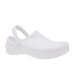 A white Shoes for Crews clogger shoe with a strap.