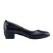 A black leather women's dress shoe with a square toe.