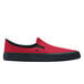A red and black slip-on shoe with a black sole.