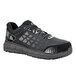 A black and grey water-resistant safety shoe with white and black mesh on the sides.