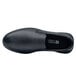 A black slip-on shoe for men with a rubber sole and a white logo.