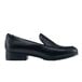 A black shoe with a rubber sole and pointed toe.
