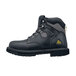 A black work boot with yellow accents and laces.