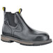 A black leather ACE Firebrand work boot with yellow rubber soles.