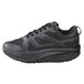 A black water-resistant athletic shoe with a non-slip sole.