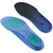A pair of blue and black insoles with gel padding.