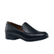 A black Shoes For Crews Riley dress shoe with a black sole.