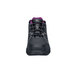 A black ACE water-resistant athletic shoe with purple accents.