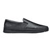 A black Shoes For Crews men's slip-on shoe with a rubber sole.