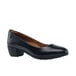 A black shoe with a heel.