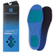 A blue and black box with black squares containing a pair of blue and black SpeedFlex comfort insoles.