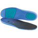 A close-up of a blue and black shoe insole.