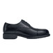 A black leather dress shoe with a rubber sole.