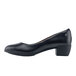 A black leather Shoes For Crews Willa women's dress shoe with a heel.