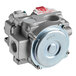 A silver metal Main Street Equipment combination valve with a round metal disc.