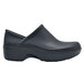 A black Women's Shoes For Crews clogger shoe with a rubber sole.
